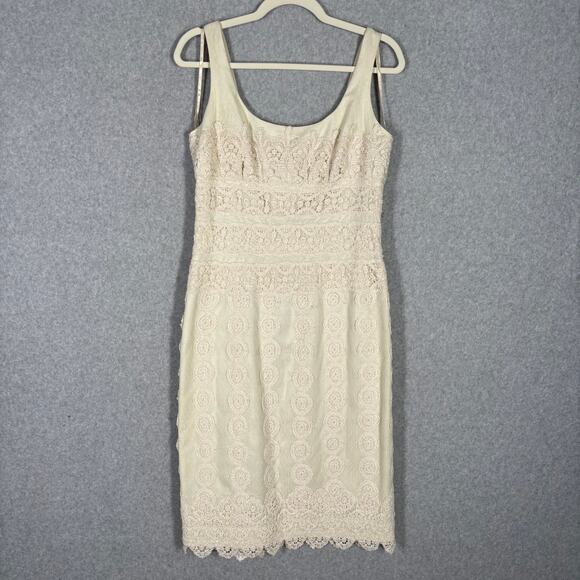 Kay Unger Crochet Dress 8 Cream Lace Pencil Cottage Beach Bride Neutral Boho - Picture 1 of 16